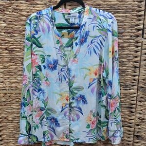 Tommy Bahama Silk Long Sleeve Button Down Top Tropical Print Size Large